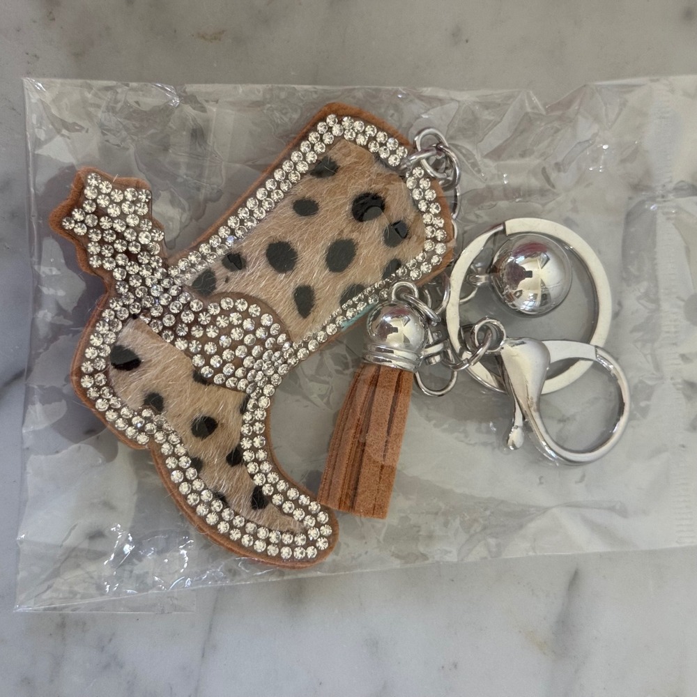Rhinestone Leopard Print Cowboy Boot Keychain Tassel Western Bag Charm Brown